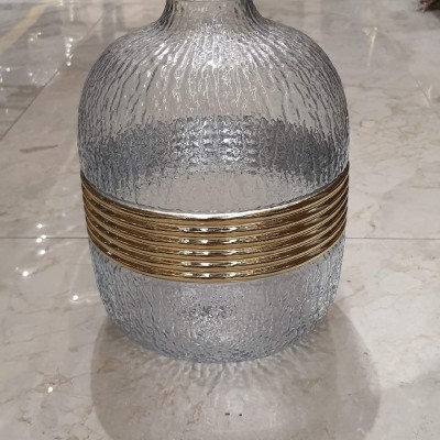 Ice Blue Textured Glass Vase with Gold Bands