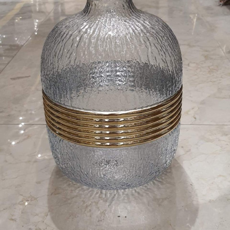 Ice Blue Textured Glass Vase with Gold Bands