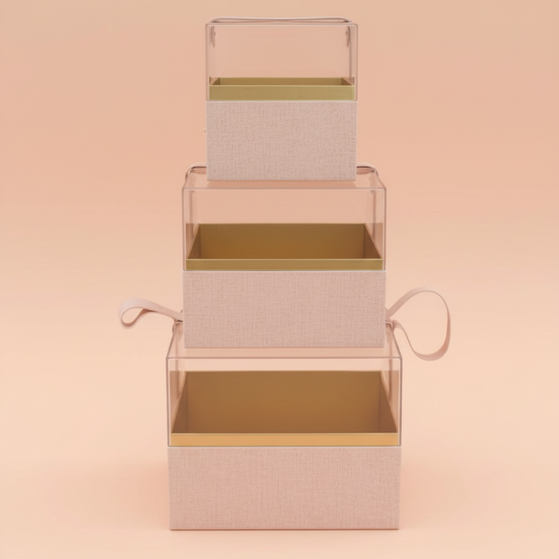 Elegant Beige Linen & Acrylic 3-Tier Transparent Gift Tower