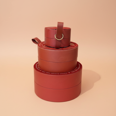 Premium Red Leather-Finish 3-Tier Round Gift Tower with Handle